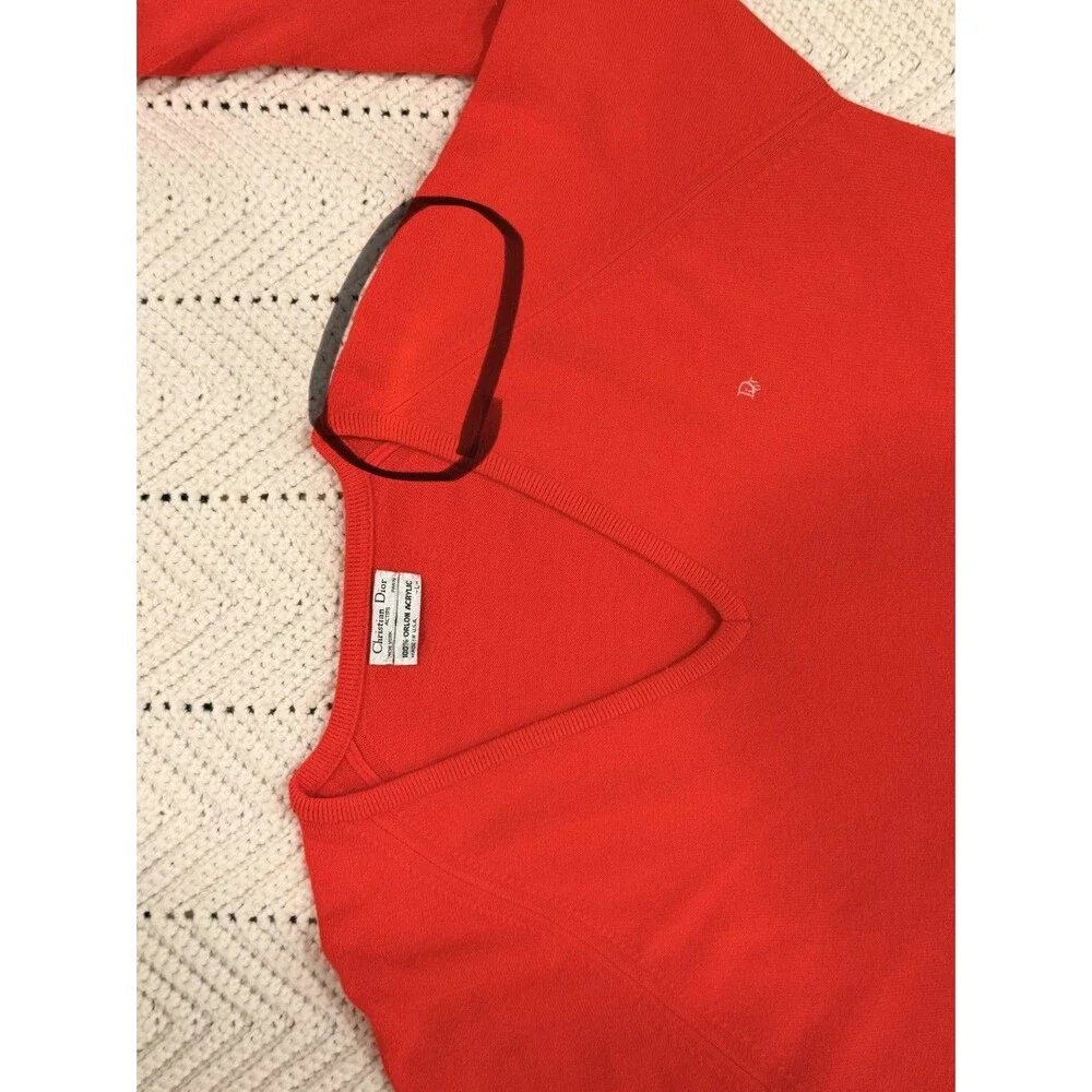 VTG Christian Dior Orlon Acrylic Knit V-Neck Pullover Red Sweater Size L